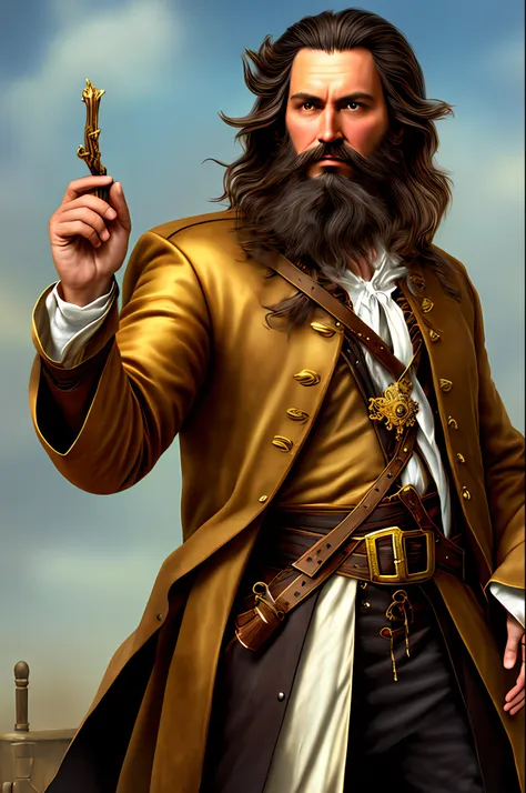 man, american, long brown hair, pirate, big beard, brunette, tall and relatively strong, a little old, gold cords and rings.