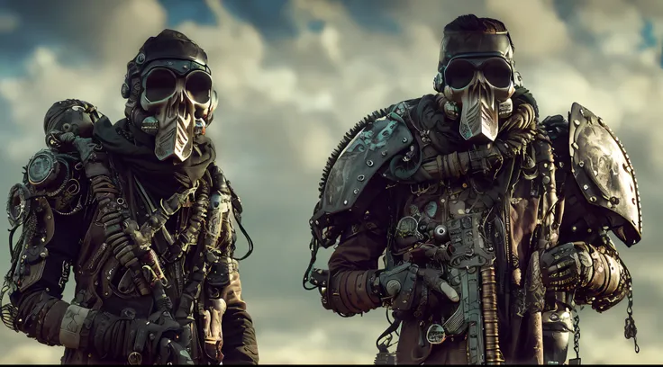 postapocalypse warrior, skull, skeleton, mech, cybertech, 4k, highest quality,grunge aesthetics, grunge textures, washed out colors