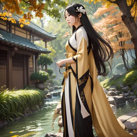 Female with black hanfu and white trim, gold waist band, black hair flowing