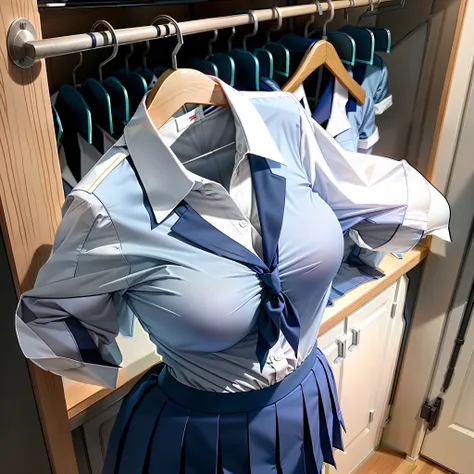 hanger school uniforms in closet raise their sleeves as if invisible girl wear it, school uniforms swells as if possessed by inv...