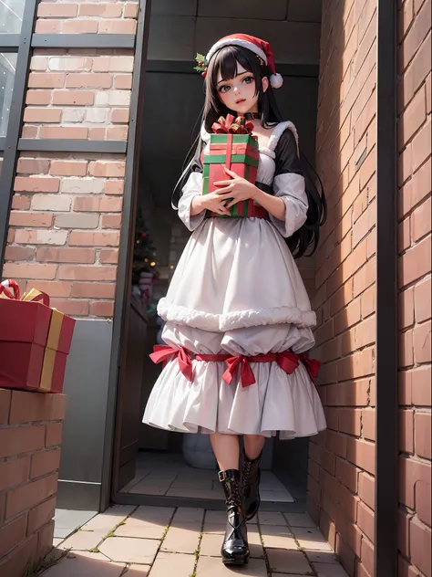 ((Full body):1.5), {1Woman}, Only {1Woman} ((costume (Christmas, holding a bag of gifts):1.3)))), {1Woman} ((looking at the viewer, with hateful look and face posing):1.3), ((Inside a house in front of a chimney with a large Christmas tree next to it)), an...
