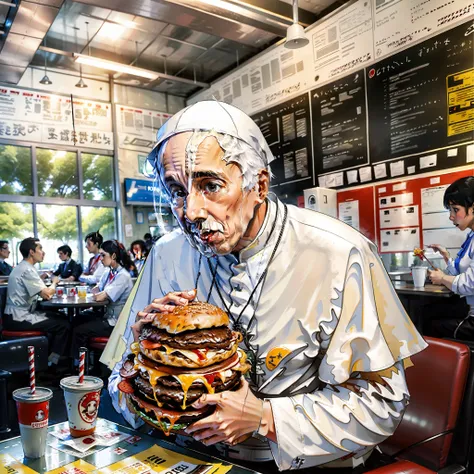 pope francis co.endo hamburger in a cafeteria