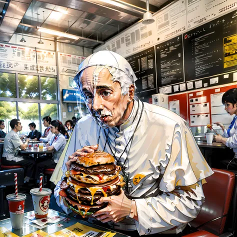 pope francis co.endo hamburger in a cafeteria