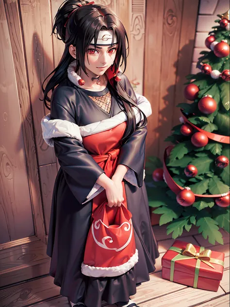 ((Full body):1.5), {uchiha itachi}, Just {uchiha itachi} ((with Christmas raje extremely, holding a gift bag):1.3)), Only {uchiha itachi} ((looking at the viewer, with a look of happiness and manic smile on his face):1.3), ((Inside a house in front of a ch...