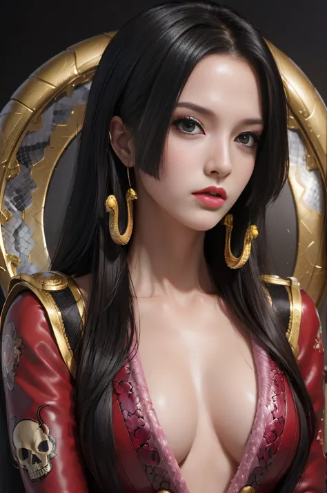 (((masterpiece+best quality+high resolution+ultra-detailed))), boa hancock, skull_snake, long silky black hair, high nose, sharp eyes, noble and inviolable temperament, (([female]: 1.2 + [beauty]: 1.2 + black long hair: 1.2)), skull_snake background, brigh...