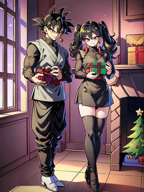 ((Full body):1.5), (({goku blacki})), Only {goku black} (((with Christmas raje extremely, holding a gift bag):1.3)), Only {goku black} ((looking at the viewer, with a look of happiness and manic smile on his face):1.3), ((Inside a house with a chimney with...