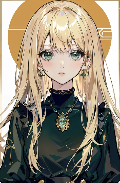 1girl, jewelry, earrings,, solo, long hair, blonde beige hair, messy hair, long hair bangs, green beautiful eyes, beautiful detailed eyes, looking at viewer, expressionless, closed mouth, necklace, choker, portrait, bangs, upper body,bad-girl, small breast...