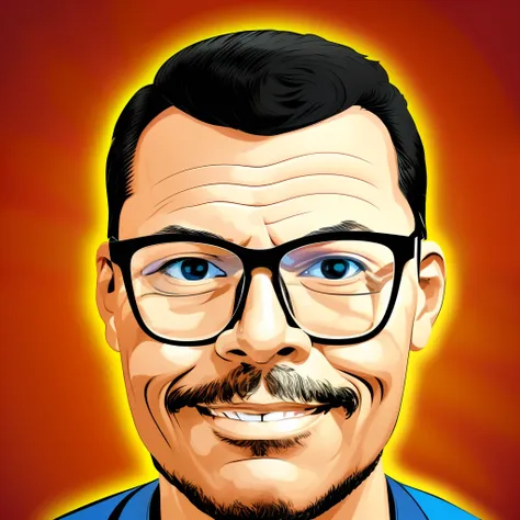 guttonerdvision4, portrait in illustration of a man with glasses, slight smile. illustration in comic book style strokes, with b...