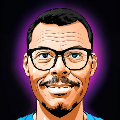 guttonerdvision4, portrait in illustration of a man with glasses, slight smile. illustration in comic book style strokes, with b...