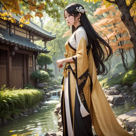 Chinese Female with black hanfu and white trim, gold waist band, black hair flowing