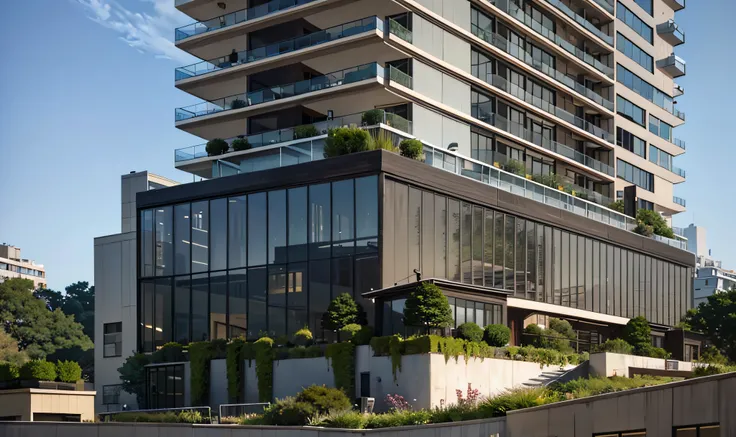 dskise, Building with plants on the balconies, a building of 10 floors, modern+, sustainable+, lush garden, ground floor commerce shopingg, complete building, façade with plants, sustainable, solar panel on the ceiling, rendering arqui9, day, cloud, realis...