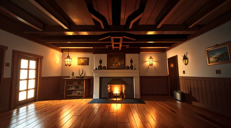 interior of a cottage, night, symmetrical camera framing, table in the center, wide camera shot, chimney in the center backgroun...