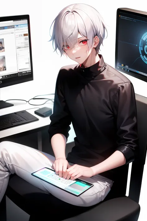 best quality: 1.0), (super high resolution: 1.0), anime boy, short white hair, red eyes, sitting in front of the computer playin...