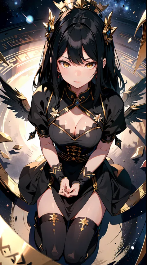 absurd res, high res, (masterpiece:1.4), ultra-detailed, 1girl, from above, space, floating, Chinese dress, black dress, stockings, black hair, yellow eyes, extremely detailed eyes, sharp eyes, lustful eyes, lust expression,ahg