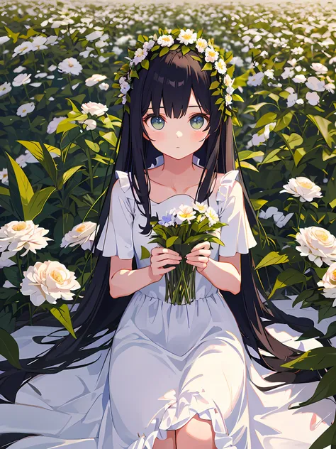 masterpiece, best quality, girl in soft clothes, girl looking at the endless flower field