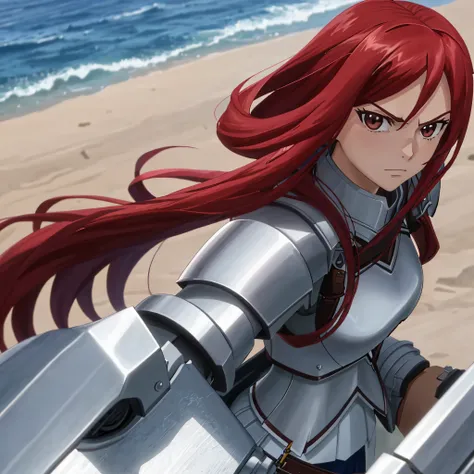 1girl, solo, erza scarlet, fairy tail, red hair, brown eyes, long hair, looking at viewer, serious, close-up, closed mouth, side...