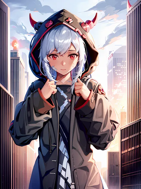 1girl,default,((destroyed city  background)),upper body,balck shirt,horns,hood up,bandaid on face, mecha behind