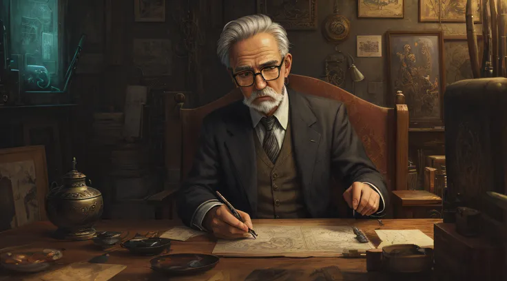 oldman in chair, complex stuff around, intricate in the background, art, close up, painting, detailed, cartoon, cinematic shot, ...