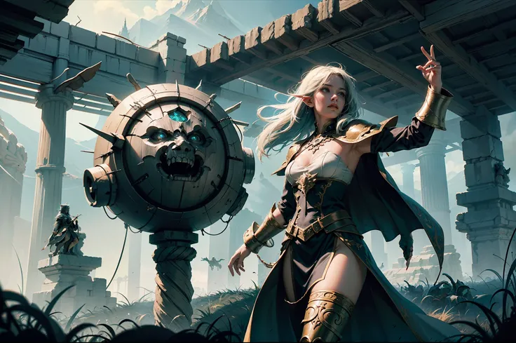 ((Best quality)), ((masterpiece)), (highly detailed:1.3)3D,tanjoreai , Amidst a realm of enchantment and mythical wonders, tales of (heroes:1.1) and (heroines:1.2) unfold. In this realm, ancient prophecies foretell the rise of a chosen champion destined to...