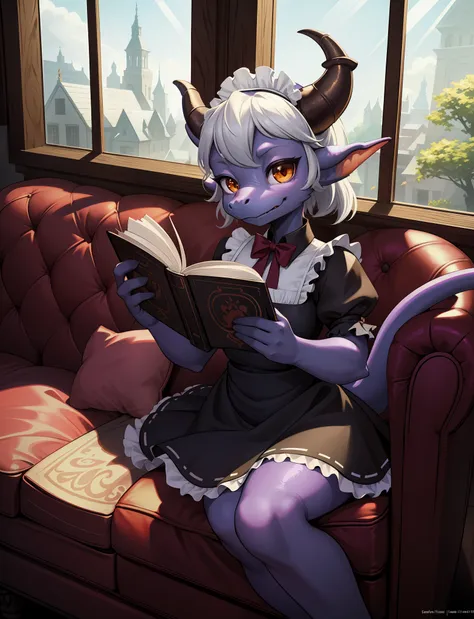 masterpiece, best quality, 1girl, furry, horn,(kobold:1.2),side of windows, perfect light,sit,dark skin,animal nose,solo,dragon ...