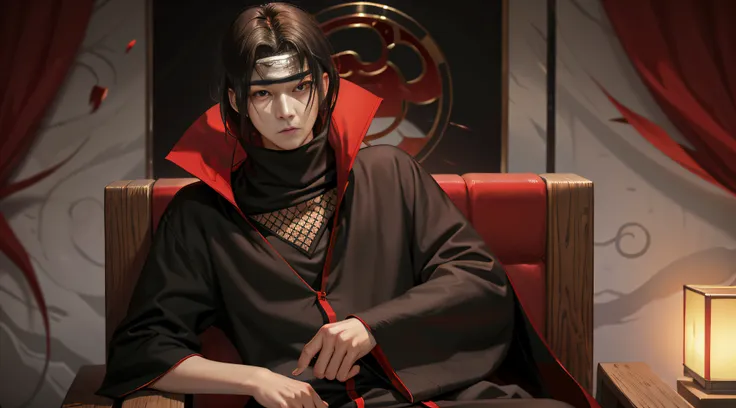 (masterpiece, best quality: 1.2), red theme, solo, male focus, a king on his throne, uchiha itachi, expressionless, mouth shut, ...