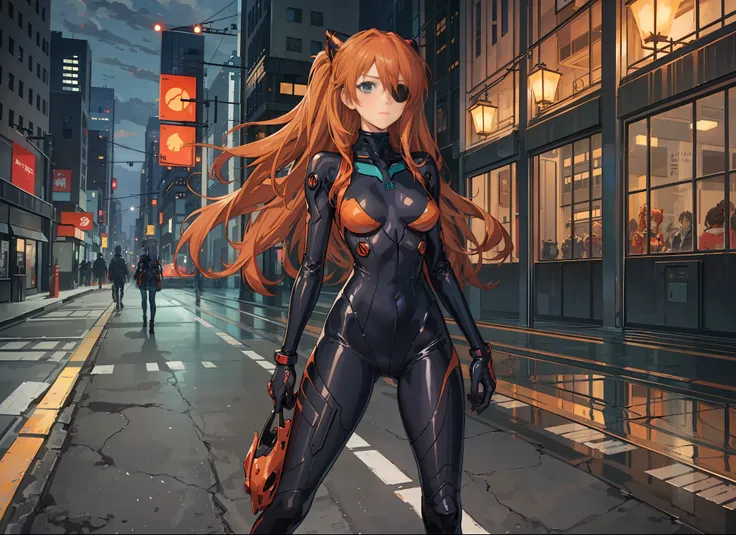 ((masterpiece,best quality, detailed)), full body, night, cityscape, souryuu asuka langley, interface headset, multicolored bodysuit, eyepatch