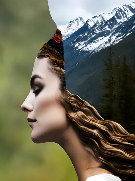 dblxp close-up profile of a woman’s hair made out of a forest and mountain, photo