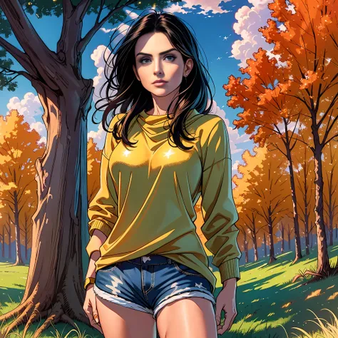 Golden hour, Courteney Cox with an outfit made of red stars, bright blue eyes, clouds, shorts, trees