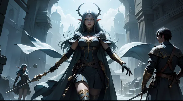 ((Best quality)), ((masterpiece)), (highly detailed:1.3)3D,tanjoreai , Amidst a realm of enchantment and mythical wonders, tales of (heroes:1.1) and (heroines:1.2) unfold. In this realm, ancient prophecies foretell the rise of a chosen champion destined to...