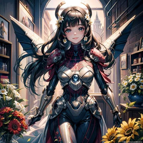 best quality,masterpiece,8k,1girl,day,light smile,spiderwomen,flower science fiction,imperial armor,magnificent,domineering,high...