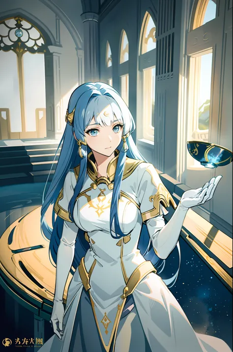 ((Ayaka)), a stunningly beautiful woman with long, flowing blue hair, radiates grace and elegance as she stands before me. Her delicate long white dress is adorned with beautiful gold trimmings that accentuate the curves of her (cleavage:0.3). The scene is...