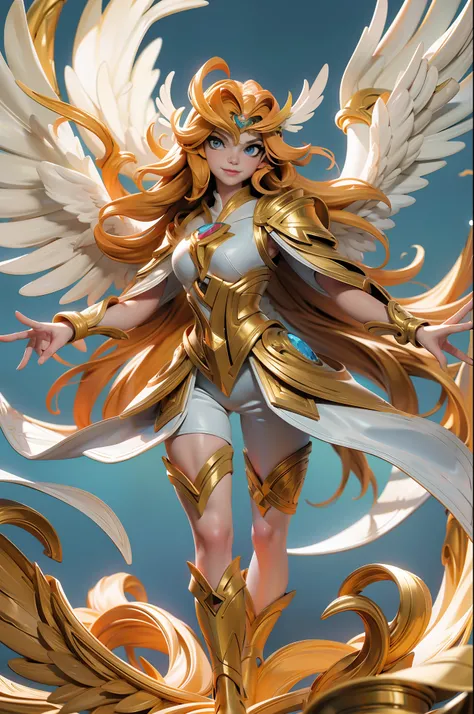 full body picture Unreal Engine 5 8K UHD of angel female, golden hair, have 4 angel wings, peaceful smile, have wisps flying around, bright heaven environment, best quality, masterpiece