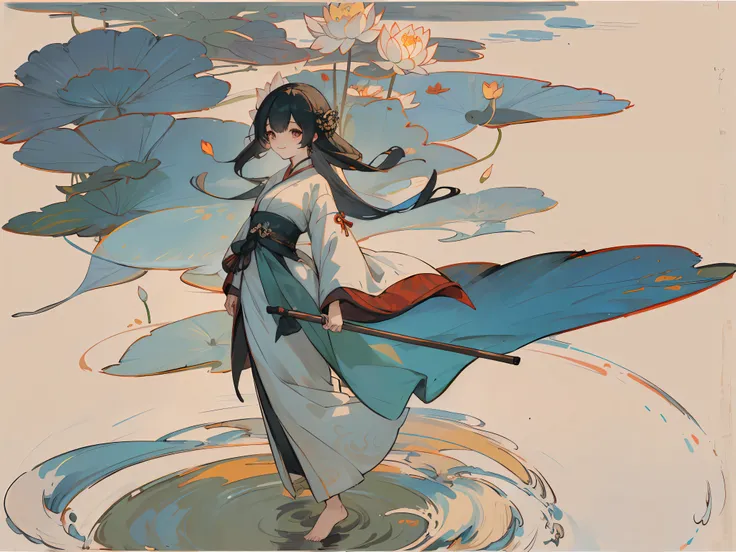 ((4k,masterpiece,best quality)), shuimobysim, traditional chinese ink painting, lotus, hanfu, maxiskit, dress conservatively 1girl, solo, long blue hair, smile, standing, feet in the water, barefoot,