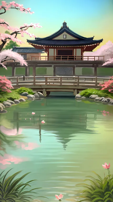 (digital painting),(best quality), (buildings:1.3), serene Japanese garden, cherry blossoms in full bloom, koi pond, footbridge, pagoda, Ukiyo-e art style, Hokusai inspiration, Deviant Art popular, 8k ultra-realistic, pastel color scheme, soft lighting, go...