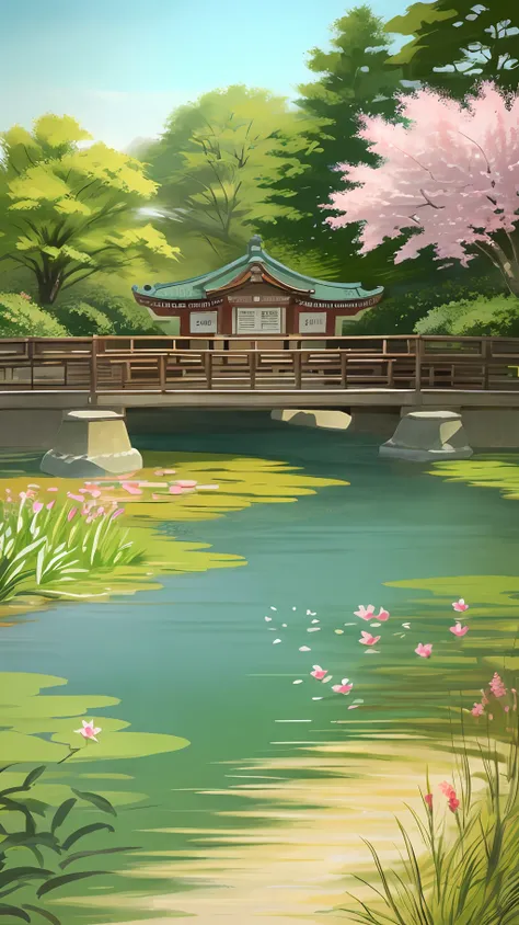 (digital painting),(best quality), (buildings:1.3), serene Japanese garden, cherry blossoms in full bloom, koi pond, footbridge, pagoda, Ukiyo-e art style, Hokusai inspiration, Deviant Art popular, 8k ultra-realistic, pastel color scheme, soft lighting, go...