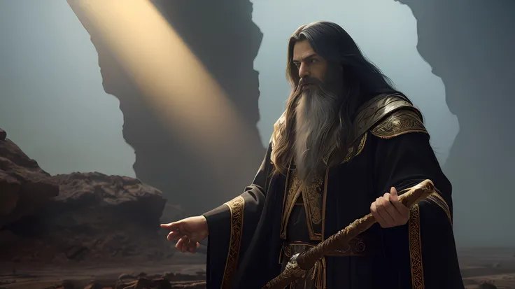 Photo of the most beautiful work of art in the world illustrating the prophet Moses, ((fantasy)) serious look long hair and long beard posture, holding his wooden staff, long striped robes, fantastic location, majestic desert environments, full body 8k uni...