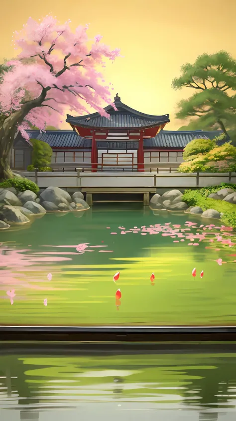 (digital painting),(best quality), (buildings:1.3), serene Japanese garden, cherry blossoms in full bloom, koi pond, footbridge, pagoda, Ukiyo-e art style, Hokusai inspiration, Deviant Art popular, 8k ultra-realistic, pastel color scheme, soft lighting, go...