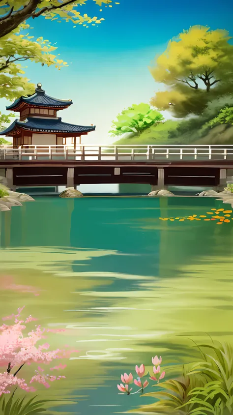 (digital painting),(best quality), (buildings:1.3), serene Japanese garden, cherry blossoms in full bloom, koi pond, footbridge, pagoda, Ukiyo-e art style, Hokusai inspiration, Deviant Art popular, 8k ultra-realistic, pastel color scheme, soft lighting, go...