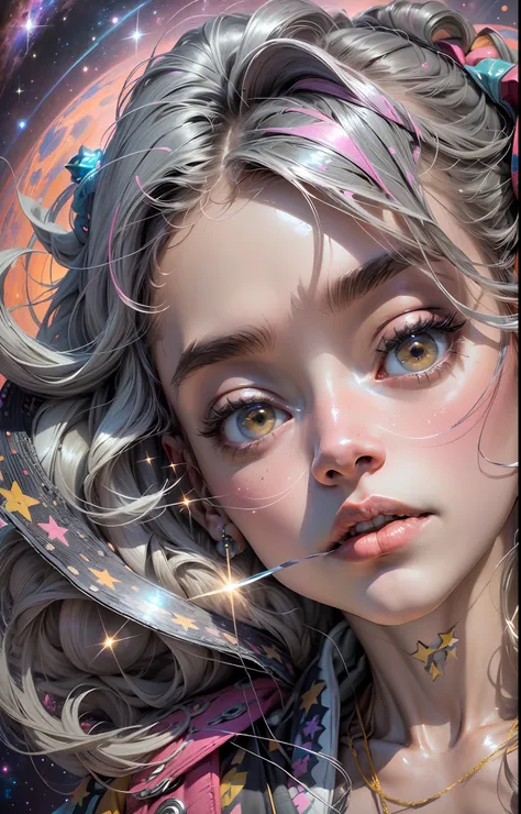 "((masterpiece)), best qualified, pink, a delicate astronaut exploring a bubble gum world, light and space, a wide variety of pastel shades, All in high definition and detail, such as zero gravity, helmet visor displaying the universe, deep space, stars, g...