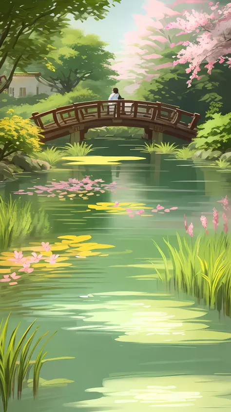(digital painting),(best quality), (buildings:1.3), serene Japanese garden, cherry blossoms in full bloom, koi pond, footbridge, pagoda, Ukiyo-e art style, Hokusai inspiration, Deviant Art popular, 8k ultra-realistic, pastel color scheme, soft lighting, go...