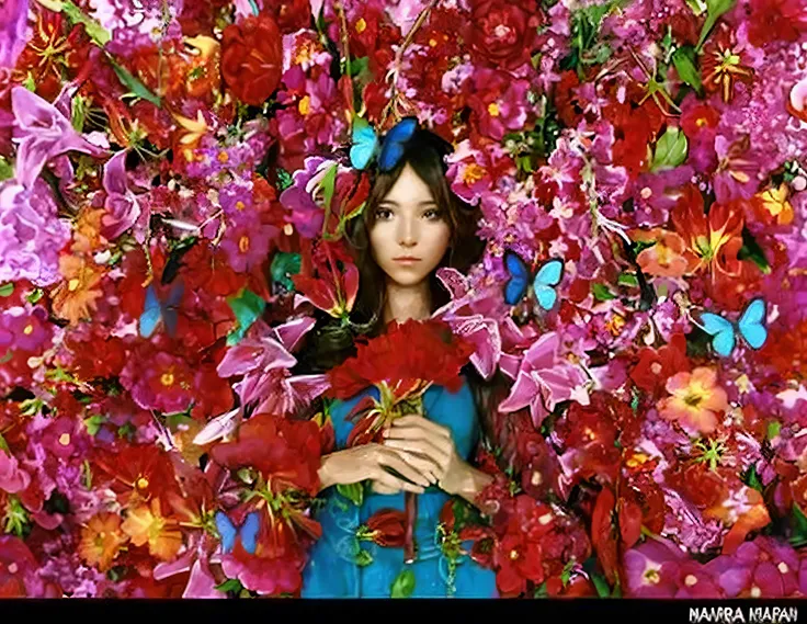 a woman surrounded by flowers and butterflies, wearing a blue dress covered with flowers, the woman in flowers, by tadashi nakay...