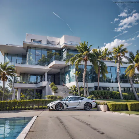 modern mansion from afar with super cars right in the middle and far ahead, photo with strong and vibrant colors + blue sky --au...