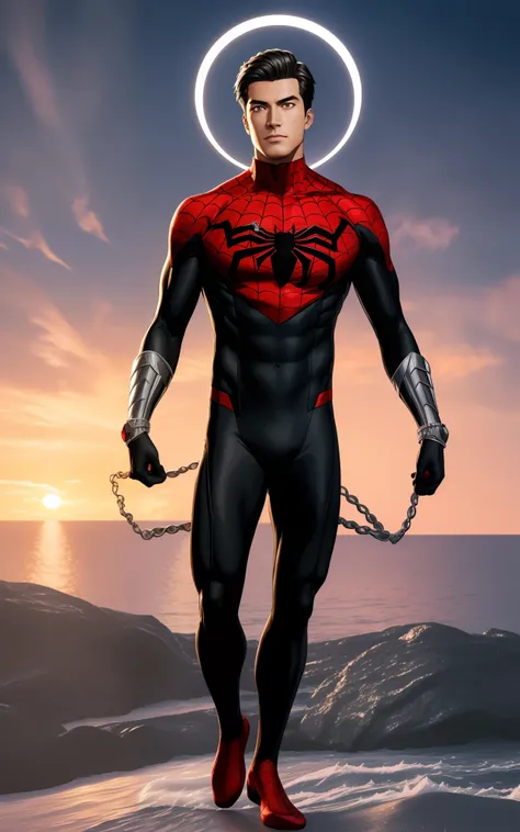 (((full body of male supspr))), (((silver bracelets))), (((sharp fingers))), a spider - man in a red and black suit looking at the sunset, 8k, unreal engine, octane render, by seunghee lee, Jang Tae-Hwan, Chocofing R, seungho lee, trending on pixiv, fanbox...