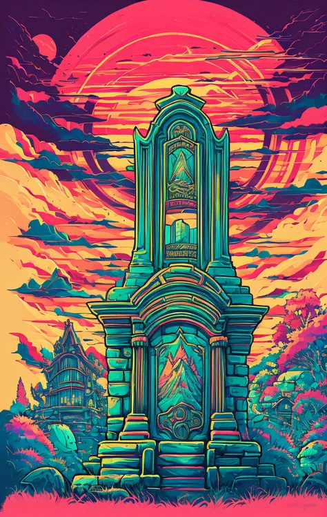 by (dan mumford: 1.4)a detailed illustration of a tombstone, t-shirt design, t-shirt design, in studio ghibli style,beautiful an...