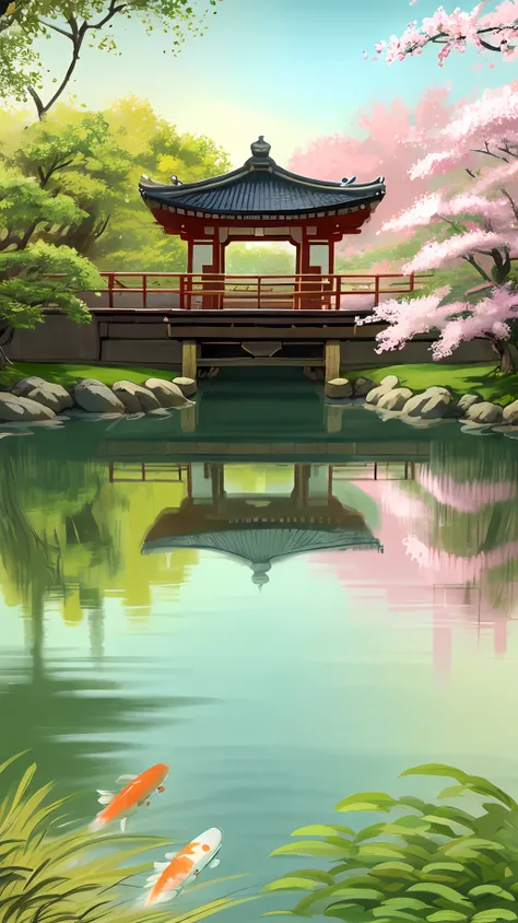 (digital painting),(best quality), (buildings:1.3), serene Japanese garden, cherry blossoms in full bloom, koi pond, footbridge, pagoda, Ukiyo-e art style, Hokusai inspiration, Deviant Art popular, 8k ultra-realistic, pastel color scheme, soft lighting, go...