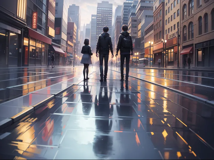 a female and a male, stand and back on to each other, lonely, one side is full of light, one side is dark, rainny, on the street, poddle of water on the road, reflecting, polar opposites, symmetry, panorama, perspective, ray tracing, reflection light, dept...