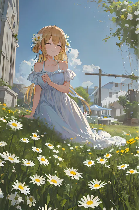 Masterpiece-grade CG, best image quality and detail, photo-level realism (1.4). (1girl), wearing a white dress, slightly exposed shoulders, delicate and shiny skin, smiling, in the garden, surrounded by yellow daisies, slightly raised head to look up at th...