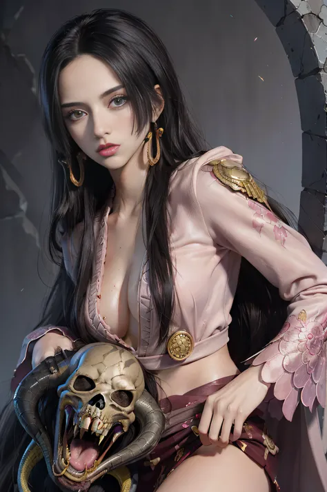 (((masterpiece+best quality+high resolution+ultra-detailed))), boa hancock, skull_snake, long silky black hair, high nose, sharp eyes, noble and inviolable temperament, (([female]: 1.2 + [beauty]: 1.2 + black long hair: 1.2)), snake_skull background, brigh...