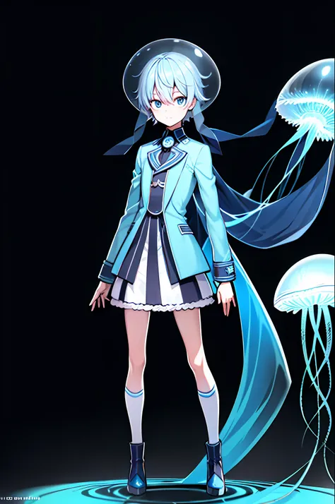 light blue hair, cute boy, transparent coat, over-the-knee socks, jellyfish-like hat