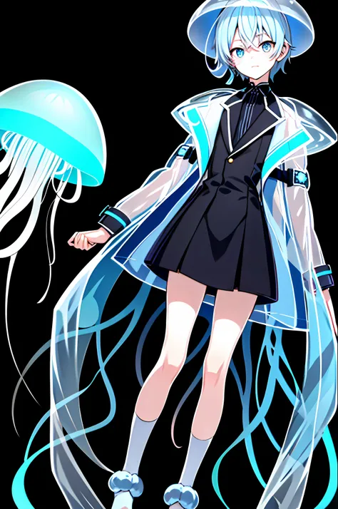 light blue hair, cute boy, transparent coat, over-the-knee socks, jellyfish-like hat